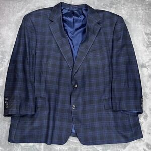 Arnold Brant Mens 52R Navy Blue Plaid 100% Bamboo Stretch Sport Coat Blazer 52 R